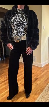 Velvet slacks, heels and a fancy silver belt