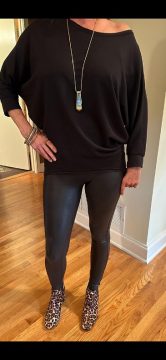 spanx leather looking leggings with high heeled boots Dressy top and high heeled boots